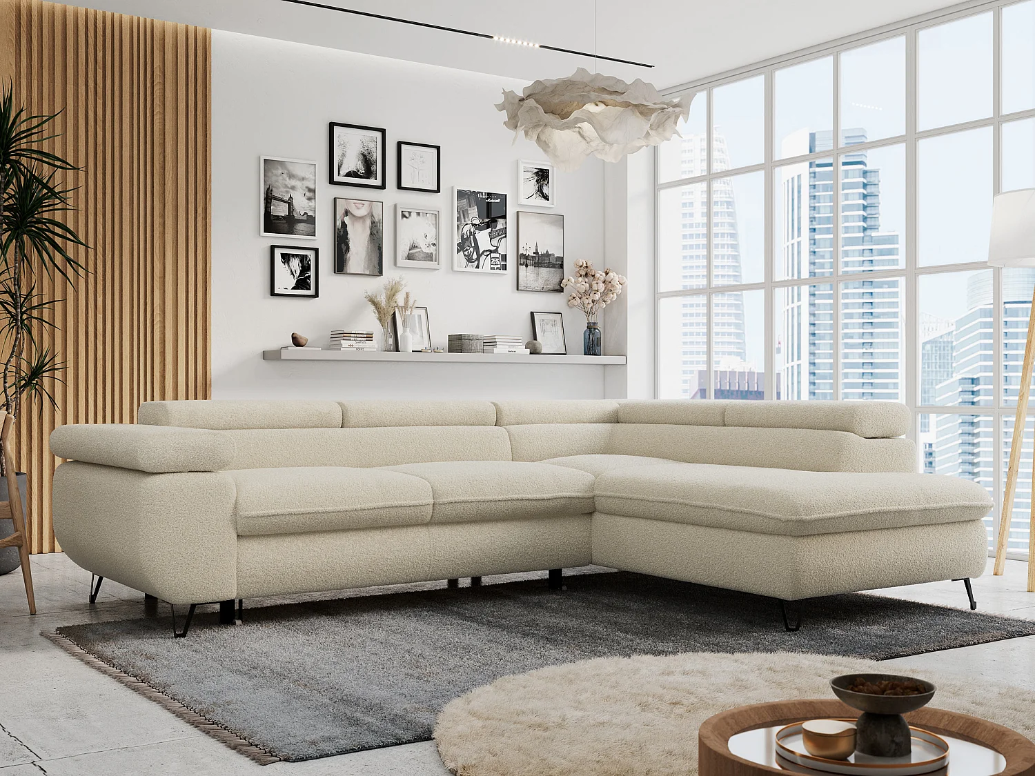 Ecksofa PETER verstellbare Kopfstütze, schlaffunktion - Beige Boucle - Ecke Rechts