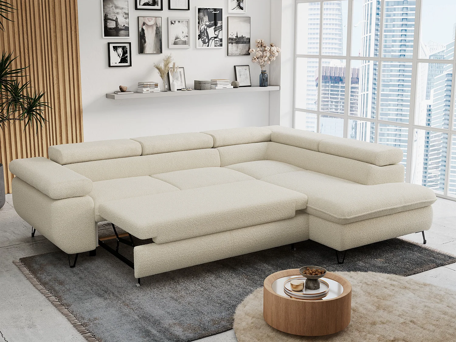 Ecksofa PETER verstellbare Kopfstütze, schlaffunktion - Beige Boucle - Ecke Rechts