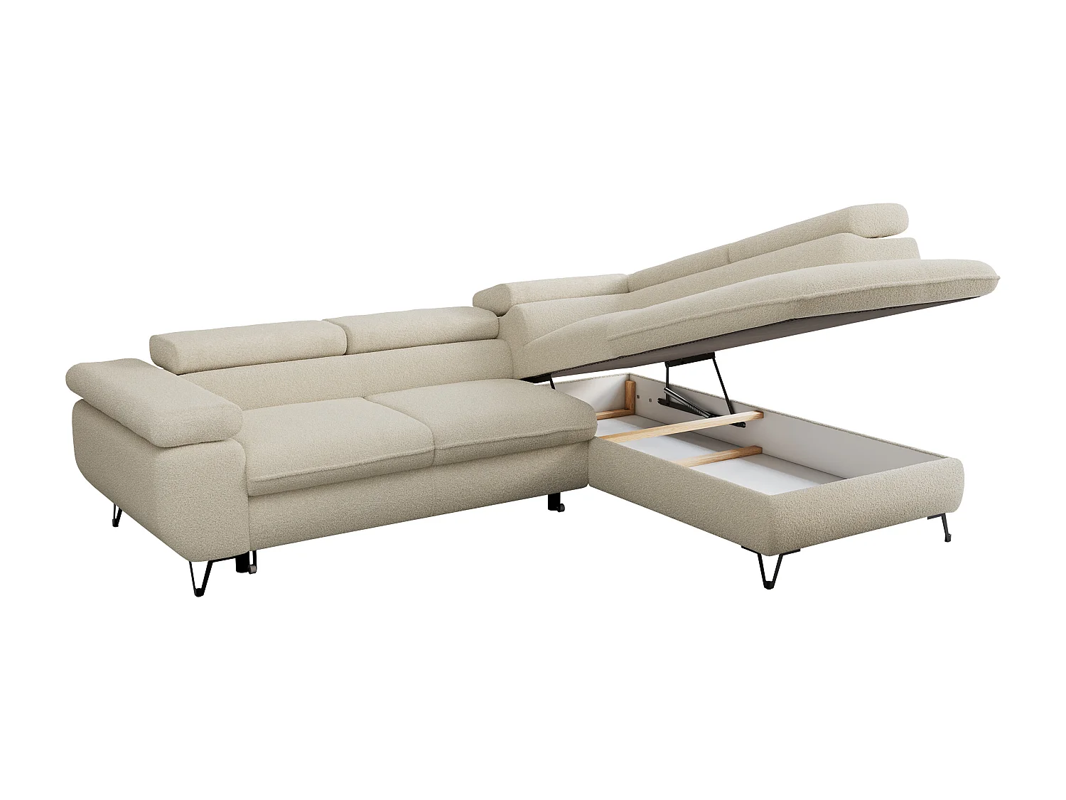 Ecksofa PETER verstellbare Kopfstütze, schlaffunktion - Beige Boucle - Ecke Rechts