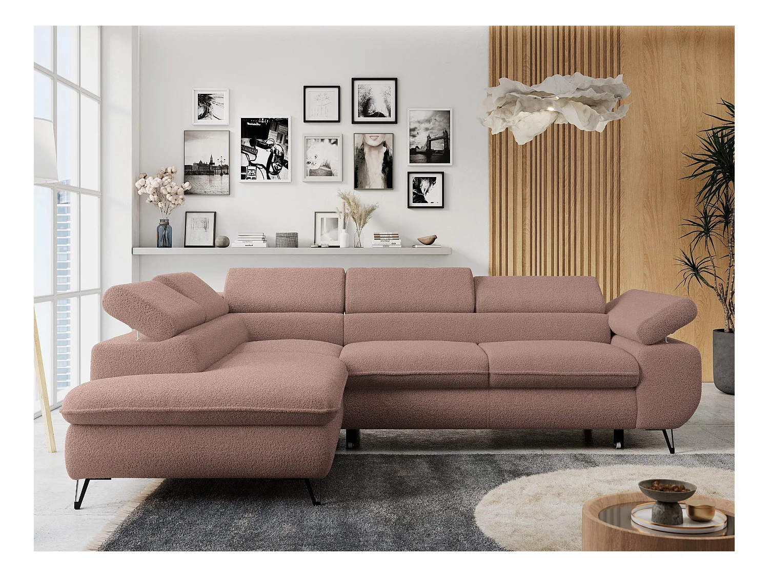 Ecksofa PETER verstellbare Kopfstütze, schlaffunktion - Rosa Boucle - Ecke Links