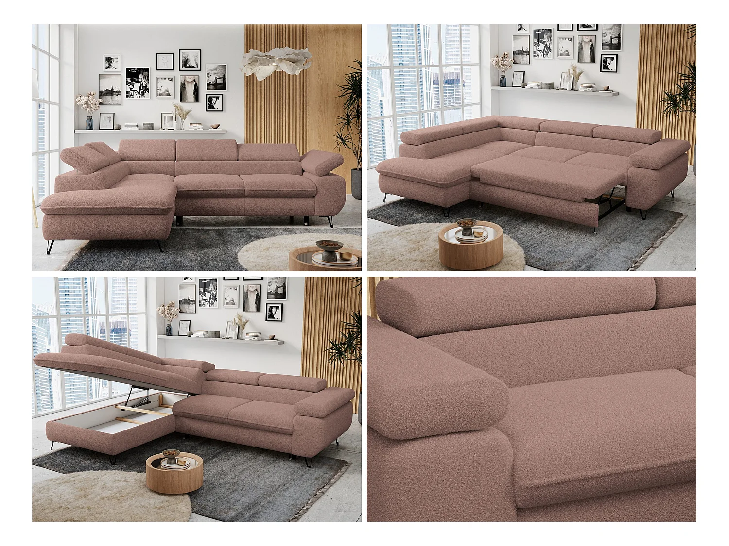 Ecksofa PETER verstellbare Kopfstütze, schlaffunktion - Rosa Boucle - Ecke Links