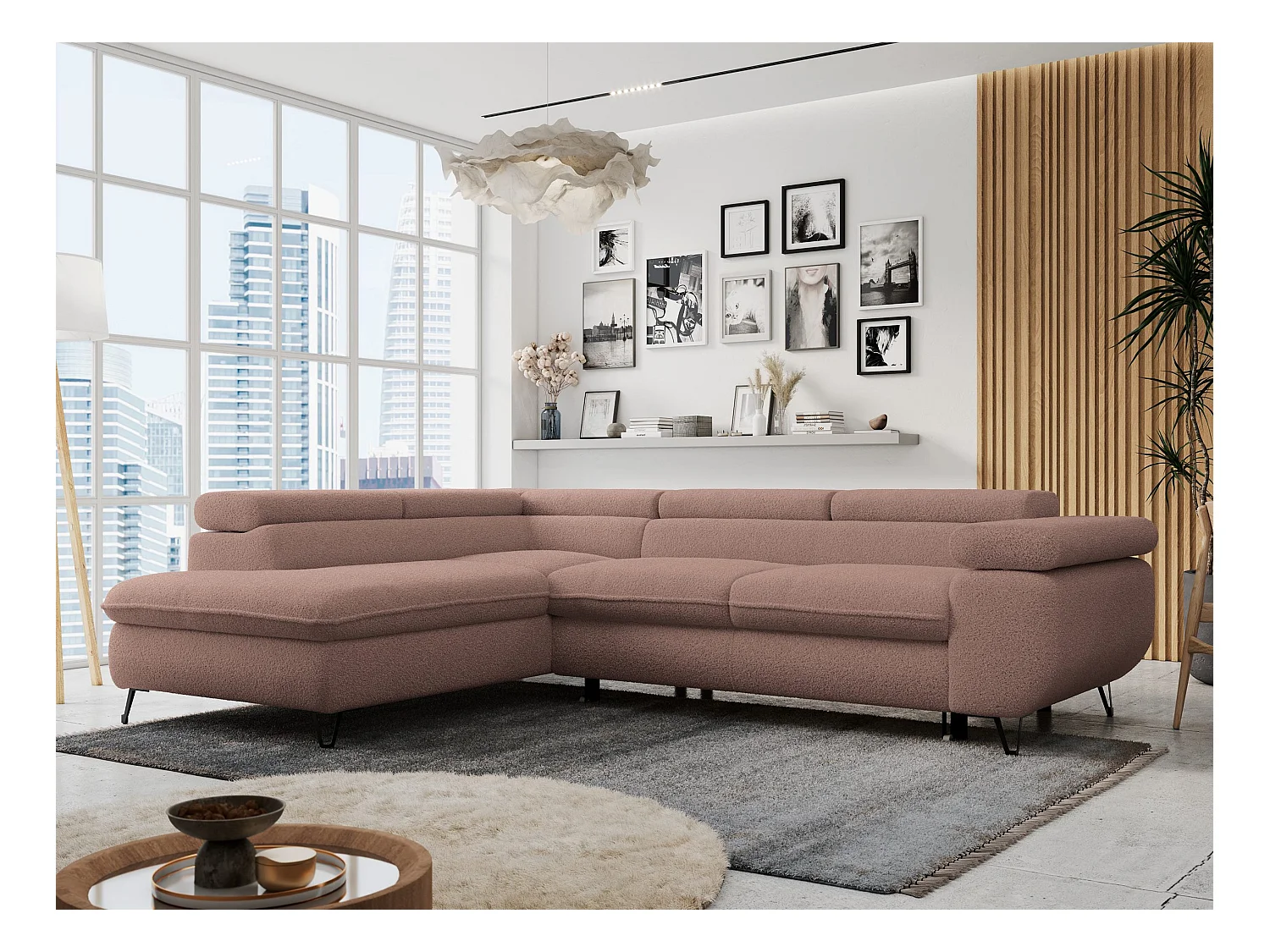 Ecksofa PETER verstellbare Kopfstütze, schlaffunktion - Rosa Boucle - Ecke Links