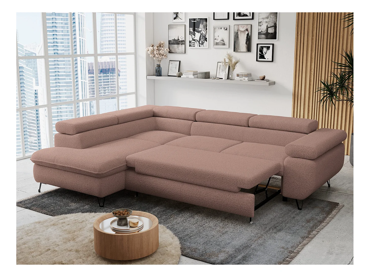 Ecksofa PETER verstellbare Kopfstütze, schlaffunktion - Rosa Boucle - Ecke Links