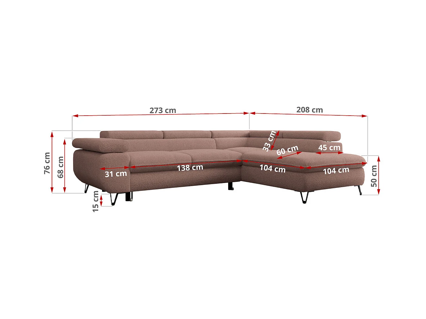 Ecksofa PETER verstellbare Kopfstütze, schlaffunktion - Rosa Boucle - Ecke Links