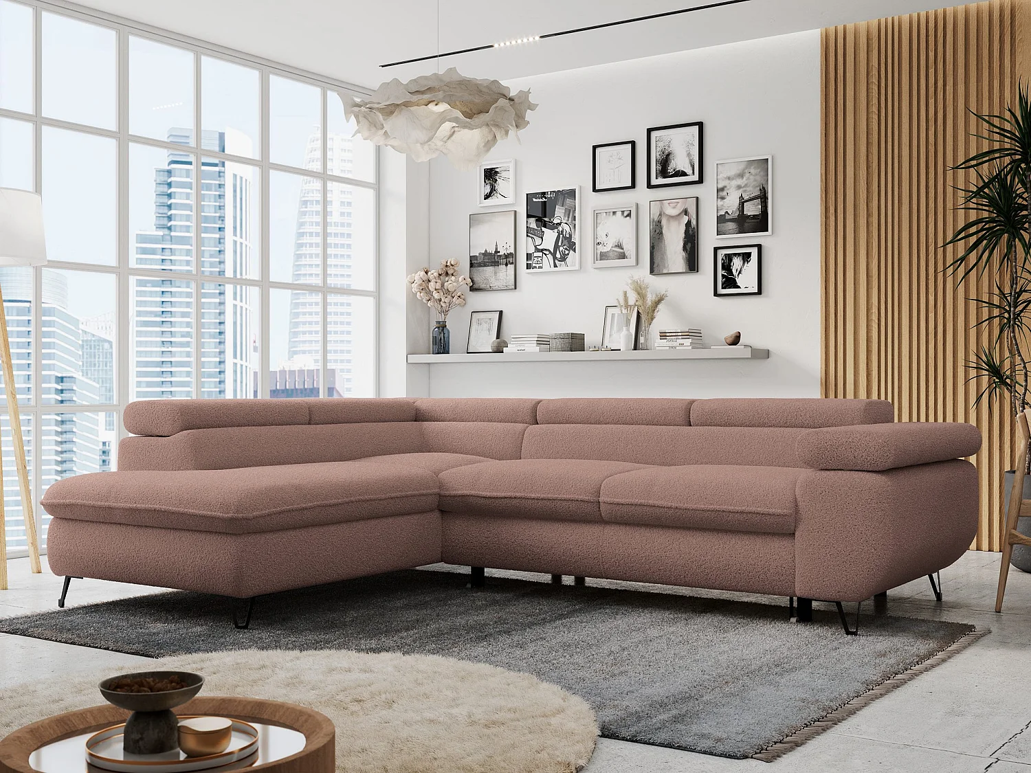 Ecksofa PETER verstellbare Kopfstütze, schlaffunktion - Rosa Boucle - Ecke Links