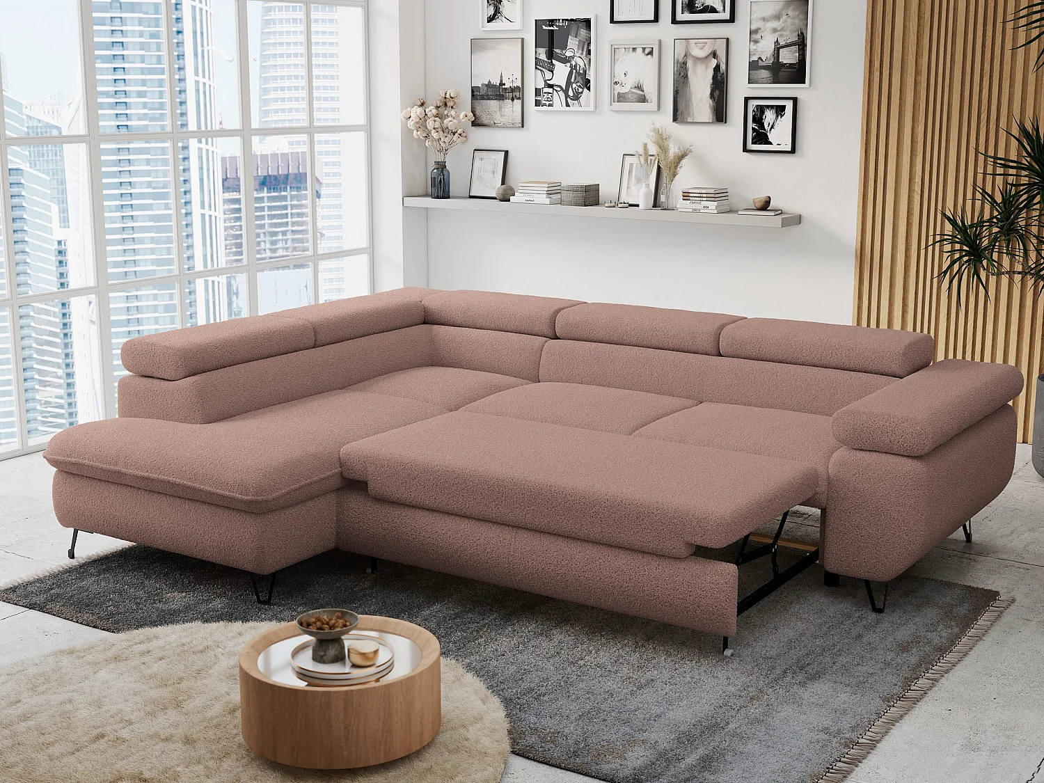 Ecksofa PETER verstellbare Kopfstütze, schlaffunktion - Rosa Boucle - Ecke Links