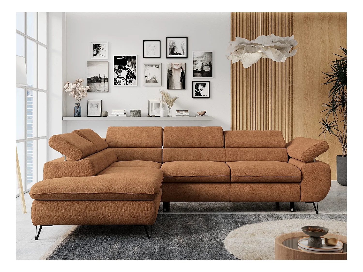 Ecksofa PETER verstellbare Kopfstütze, schlaffunktion - Orange Stukture - Ecke Links