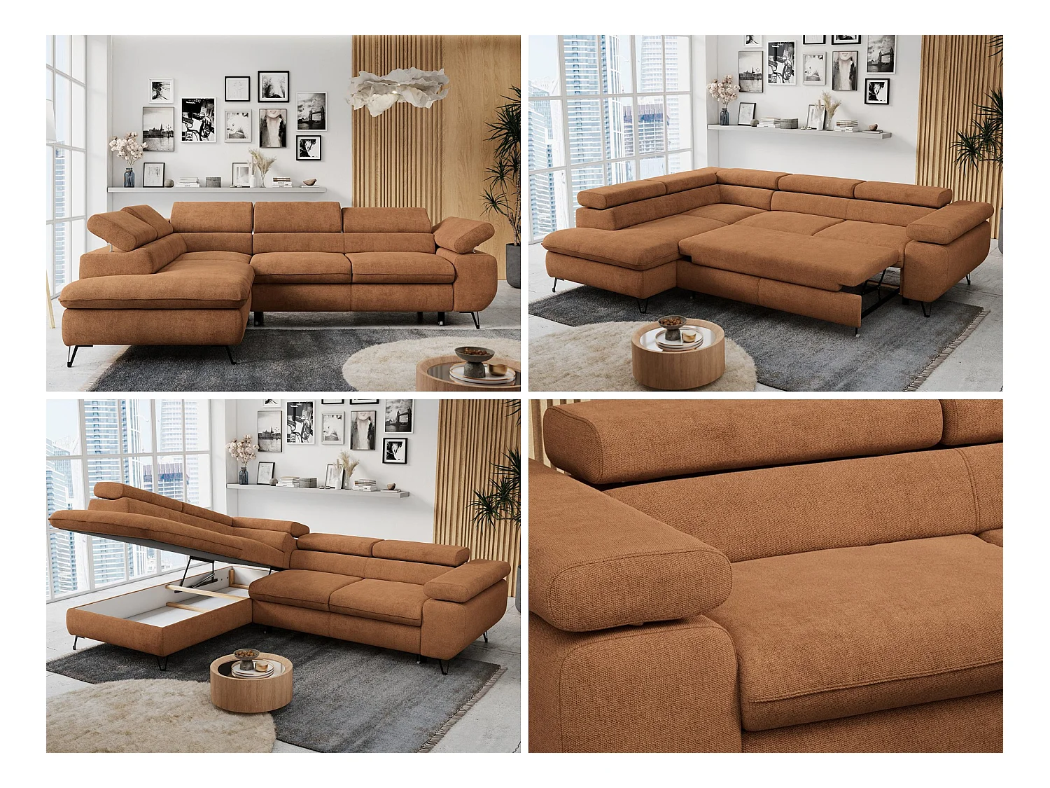 Ecksofa PETER verstellbare Kopfstütze, schlaffunktion - Orange Stukture - Ecke Links