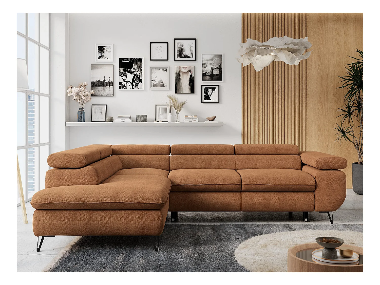 Ecksofa PETER verstellbare Kopfstütze, schlaffunktion - Orange Stukture - Ecke Links