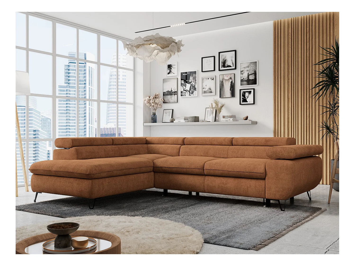 Ecksofa PETER verstellbare Kopfstütze, schlaffunktion - Orange Stukture - Ecke Links