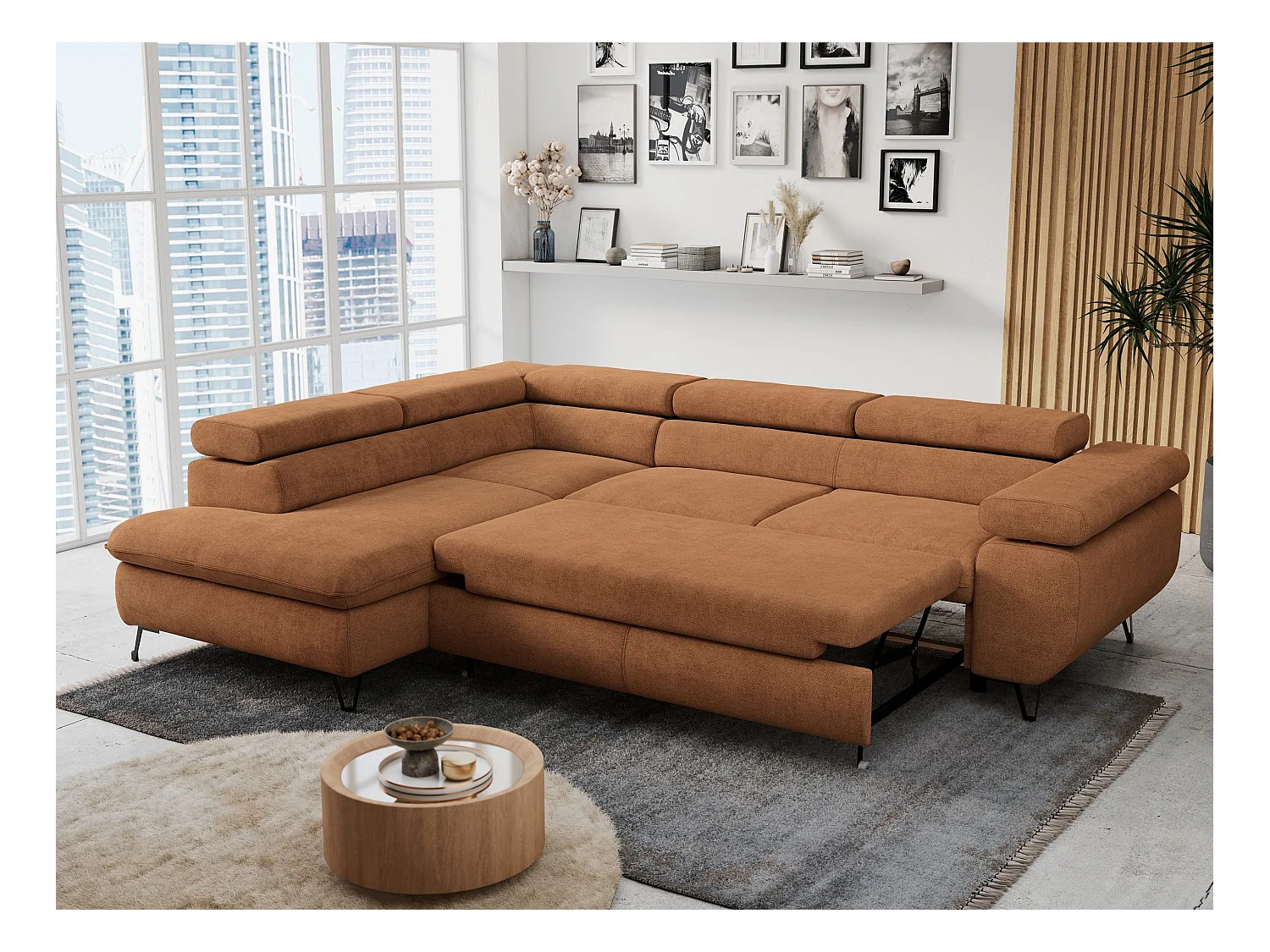 Ecksofa PETER verstellbare Kopfstütze, schlaffunktion - Orange Stukture - Ecke Links