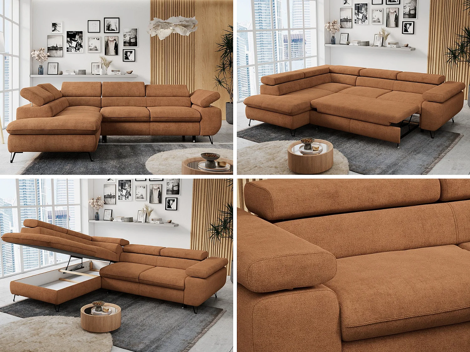Ecksofa PETER verstellbare Kopfstütze, schlaffunktion - Orange Stukture - Ecke Links