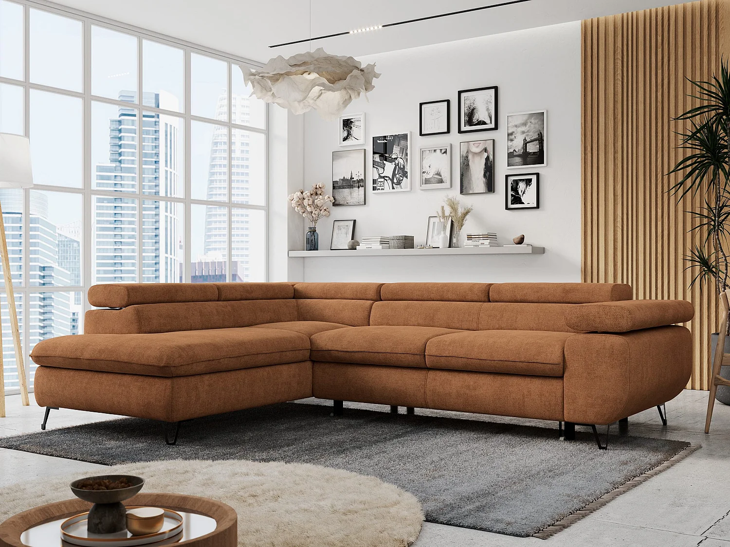 Ecksofa PETER verstellbare Kopfstütze, schlaffunktion - Orange Stukture - Ecke Links