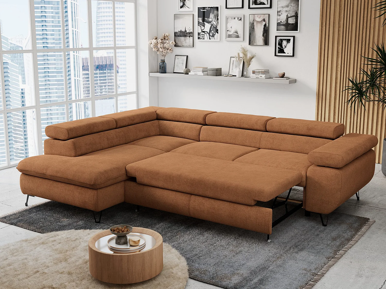 Ecksofa PETER verstellbare Kopfstütze, schlaffunktion - Orange Stukture - Ecke Links