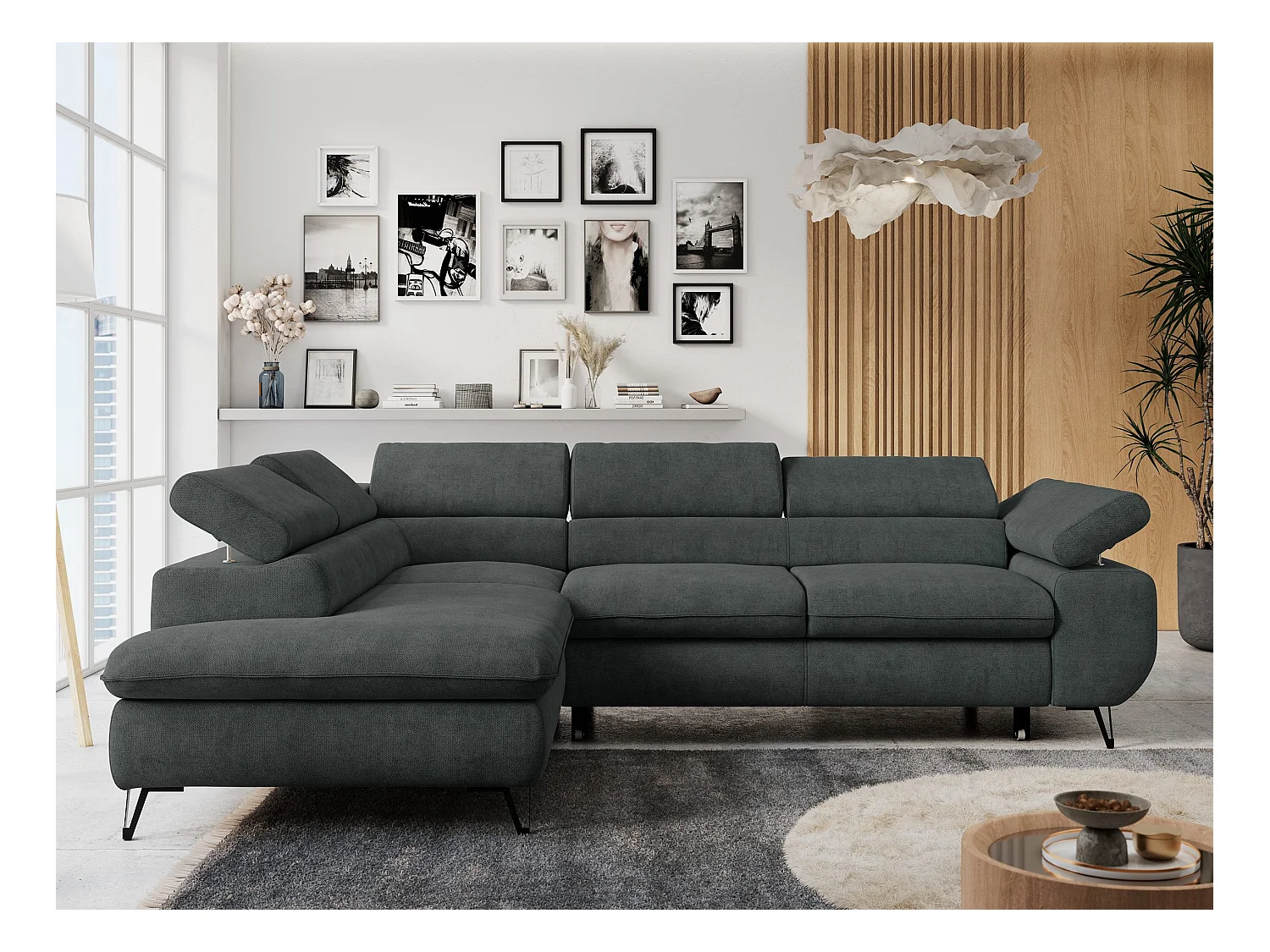 Ecksofa PETER verstellbare Kopfstütze, schlaffunktion - Dunkelgrau Stukture - Ecke Links