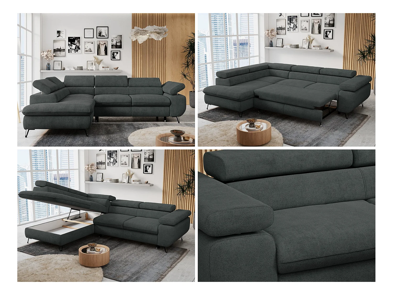 Ecksofa PETER verstellbare Kopfstütze, schlaffunktion - Dunkelgrau Stukture - Ecke Links