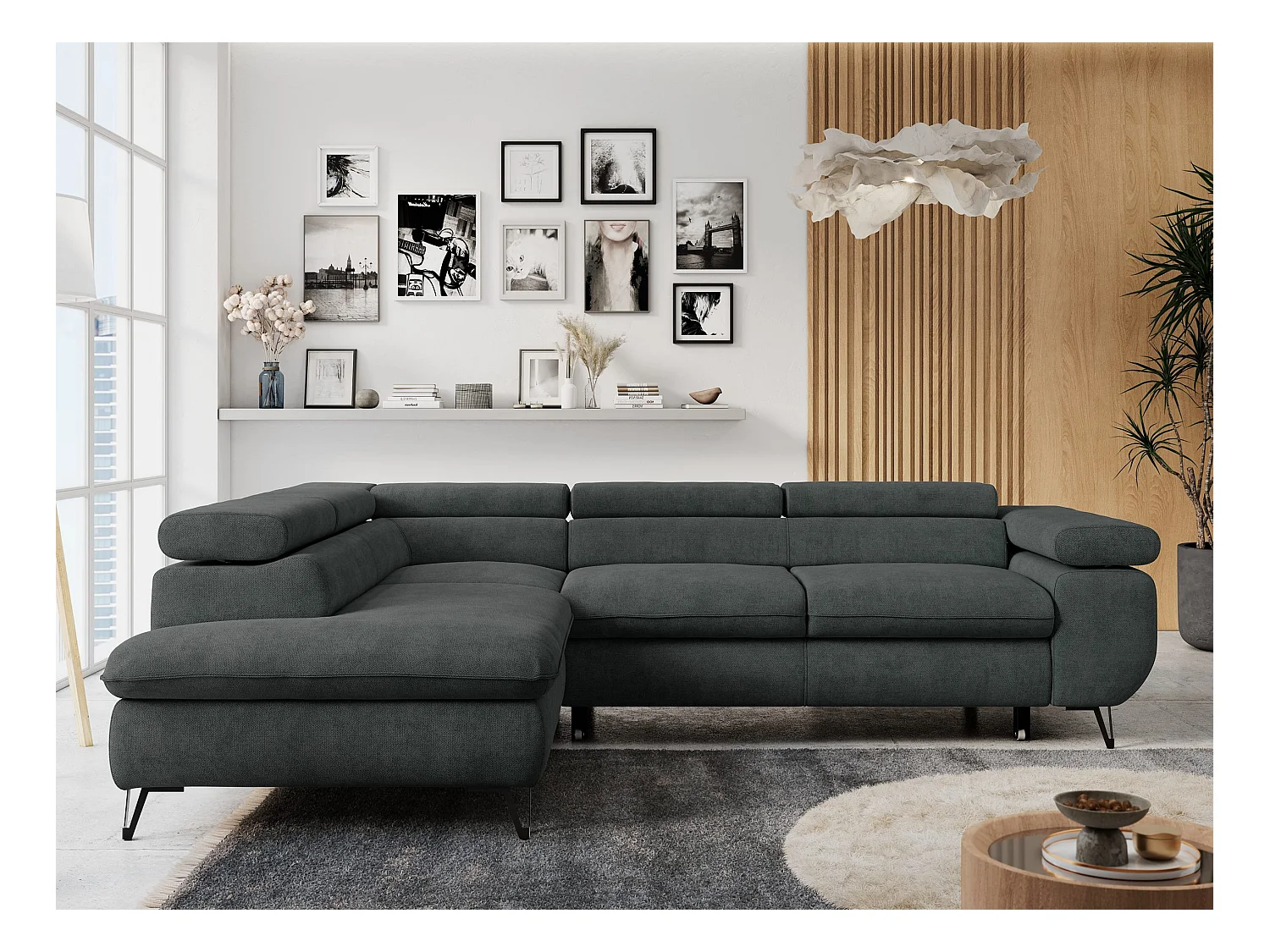 Ecksofa PETER verstellbare Kopfstütze, schlaffunktion - Dunkelgrau Stukture - Ecke Links