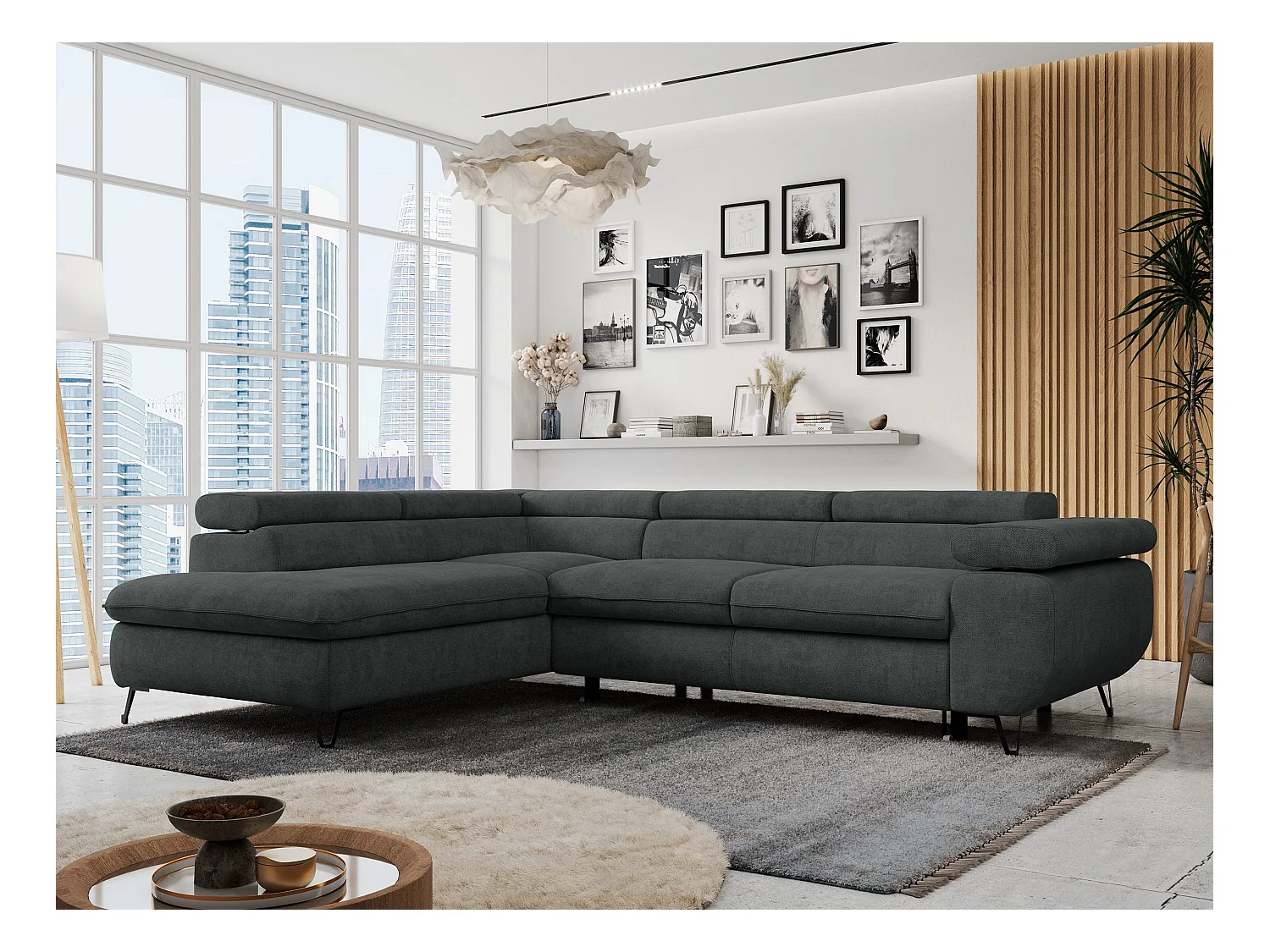 Ecksofa PETER verstellbare Kopfstütze, schlaffunktion - Dunkelgrau Stukture - Ecke Links