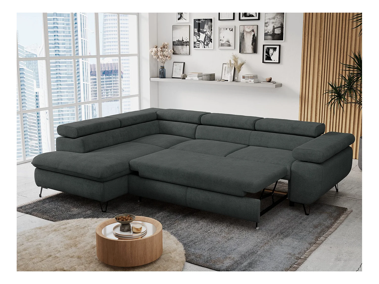 Ecksofa PETER verstellbare Kopfstütze, schlaffunktion - Dunkelgrau Stukture - Ecke Links