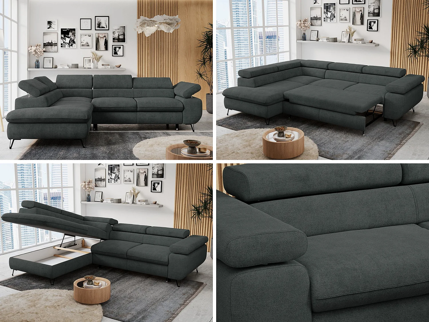 Ecksofa PETER verstellbare Kopfstütze, schlaffunktion - Dunkelgrau Stukture - Ecke Links