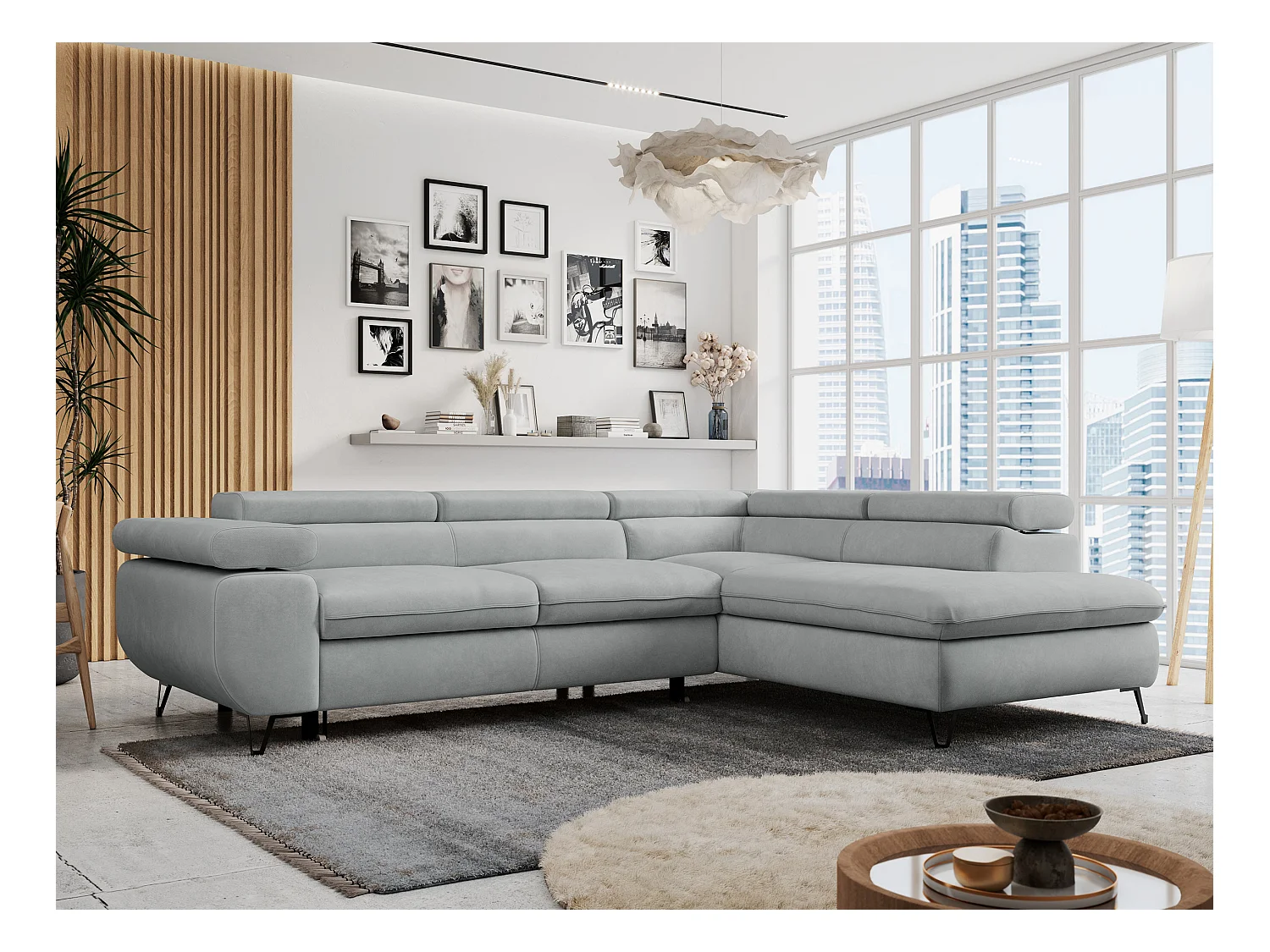 Ecksofa PETER verstellbare Kopfstütze, schlaffunktion - Hellgrau Velvet - Ecke Rechts