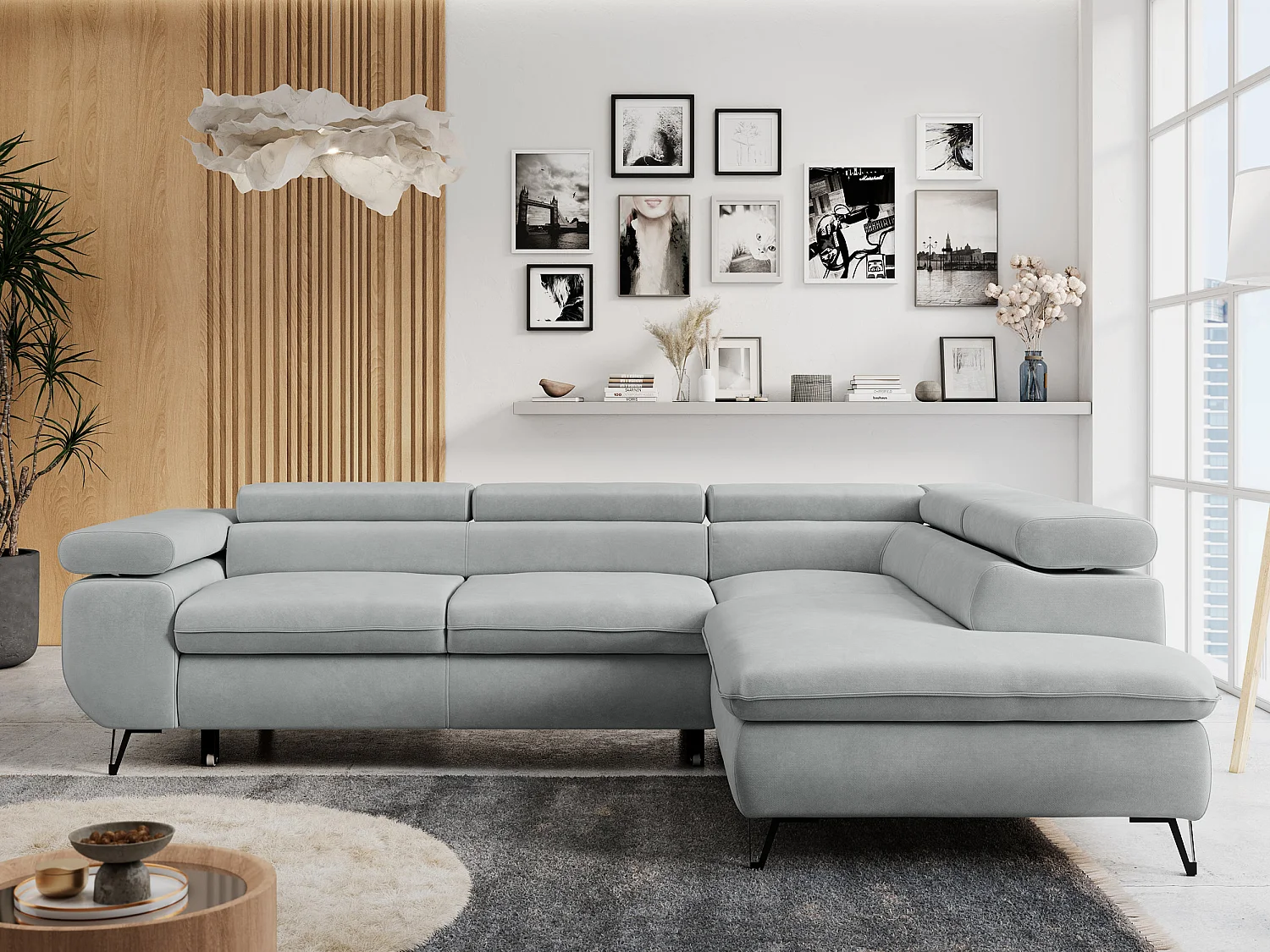 Ecksofa PETER verstellbare Kopfstütze, schlaffunktion - Hellgrau Velvet - Ecke Rechts