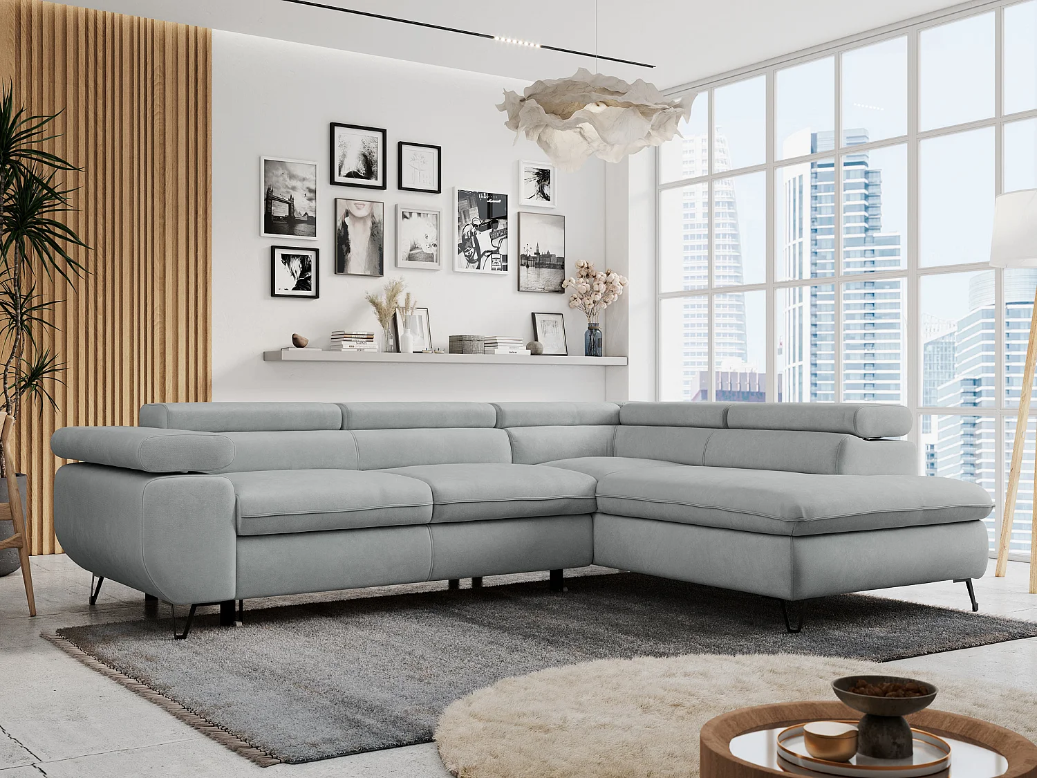 Ecksofa PETER verstellbare Kopfstütze, schlaffunktion - Hellgrau Velvet - Ecke Rechts