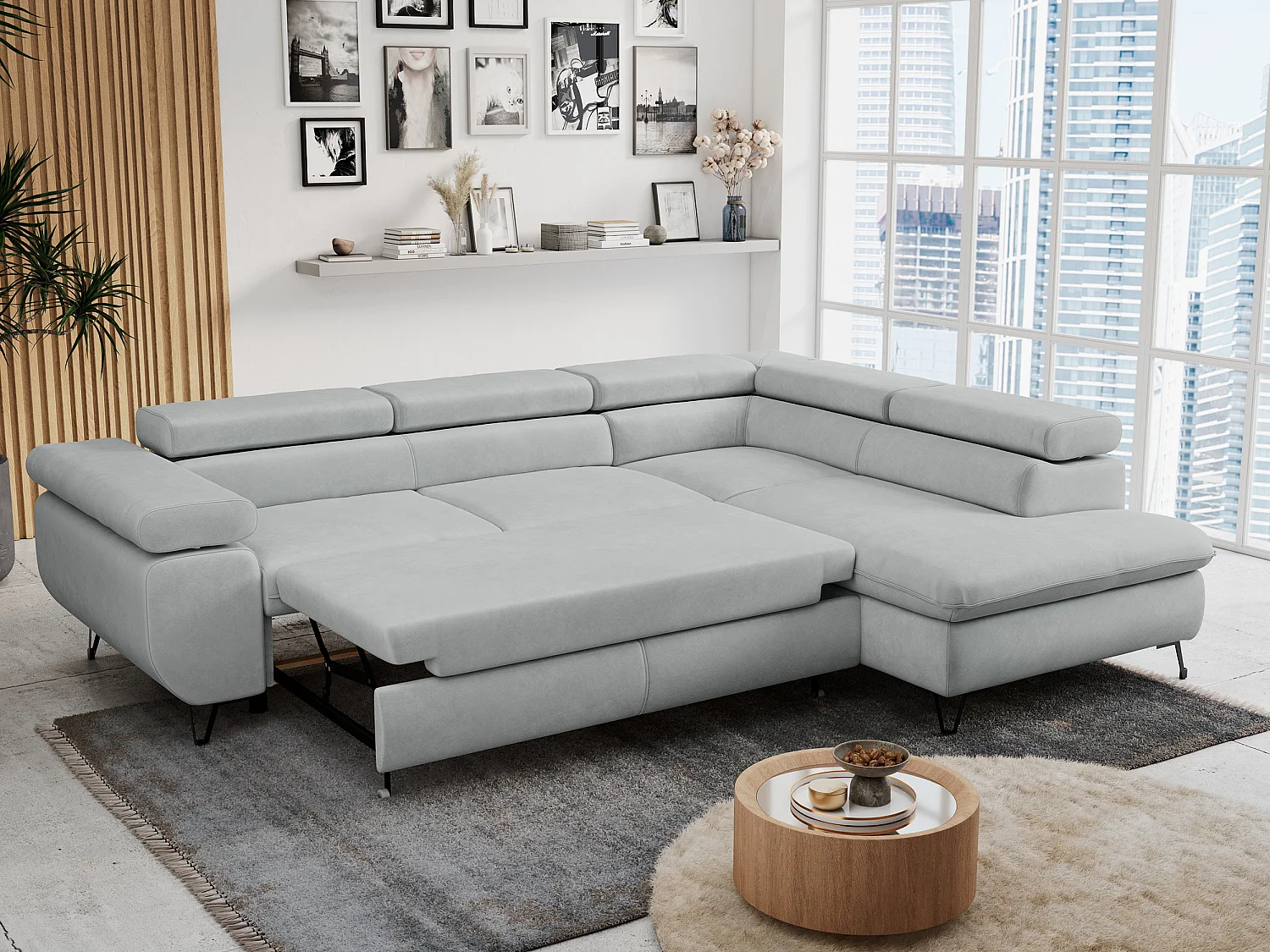 Ecksofa PETER verstellbare Kopfstütze, schlaffunktion - Hellgrau Velvet - Ecke Rechts