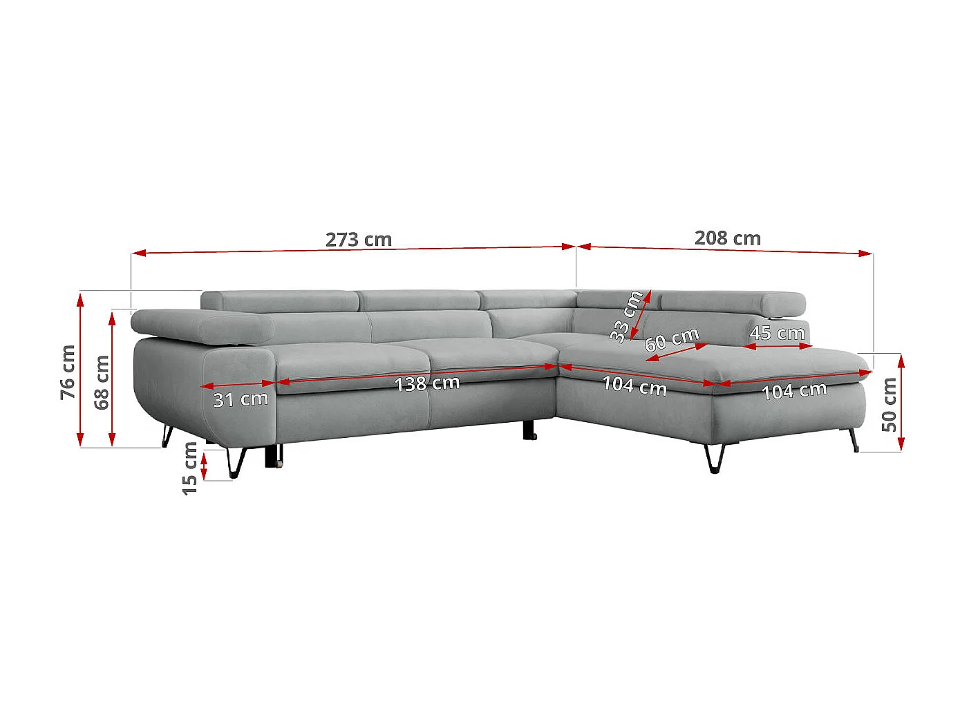Ecksofa PETER verstellbare Kopfstütze, schlaffunktion - Hellgrau Velvet - Ecke Rechts