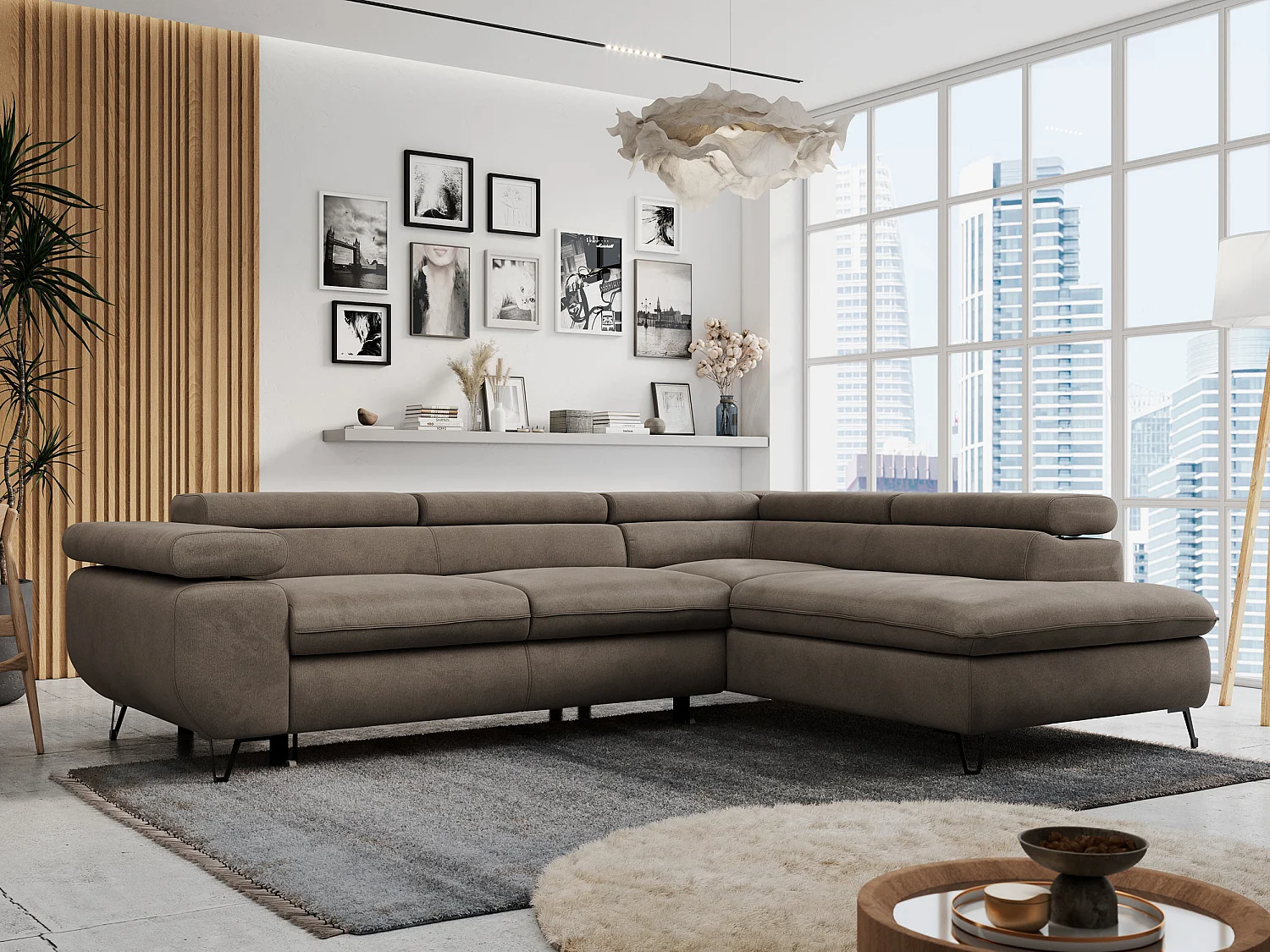 Ecksofa PETER verstellbare Kopfstütze, schlaffunktion - Braun Velvet - Ecke Rechts