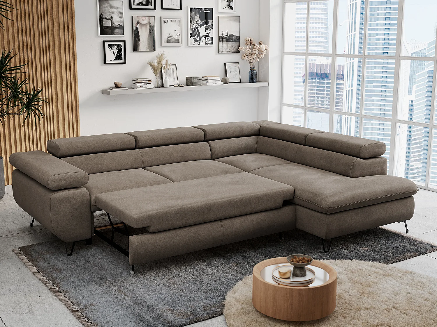 Ecksofa PETER verstellbare Kopfstütze, schlaffunktion - Braun Velvet - Ecke Rechts