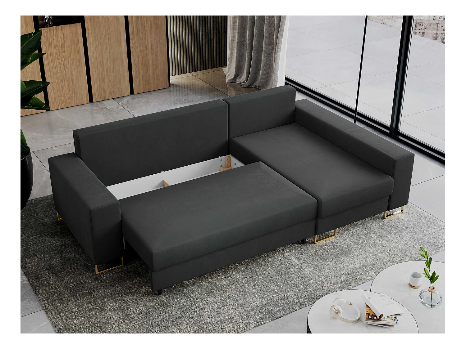 Ecksofa DORIAN - schlaffunktion und Bettkasten, lose Kissen - Dunkelgrau Velvet