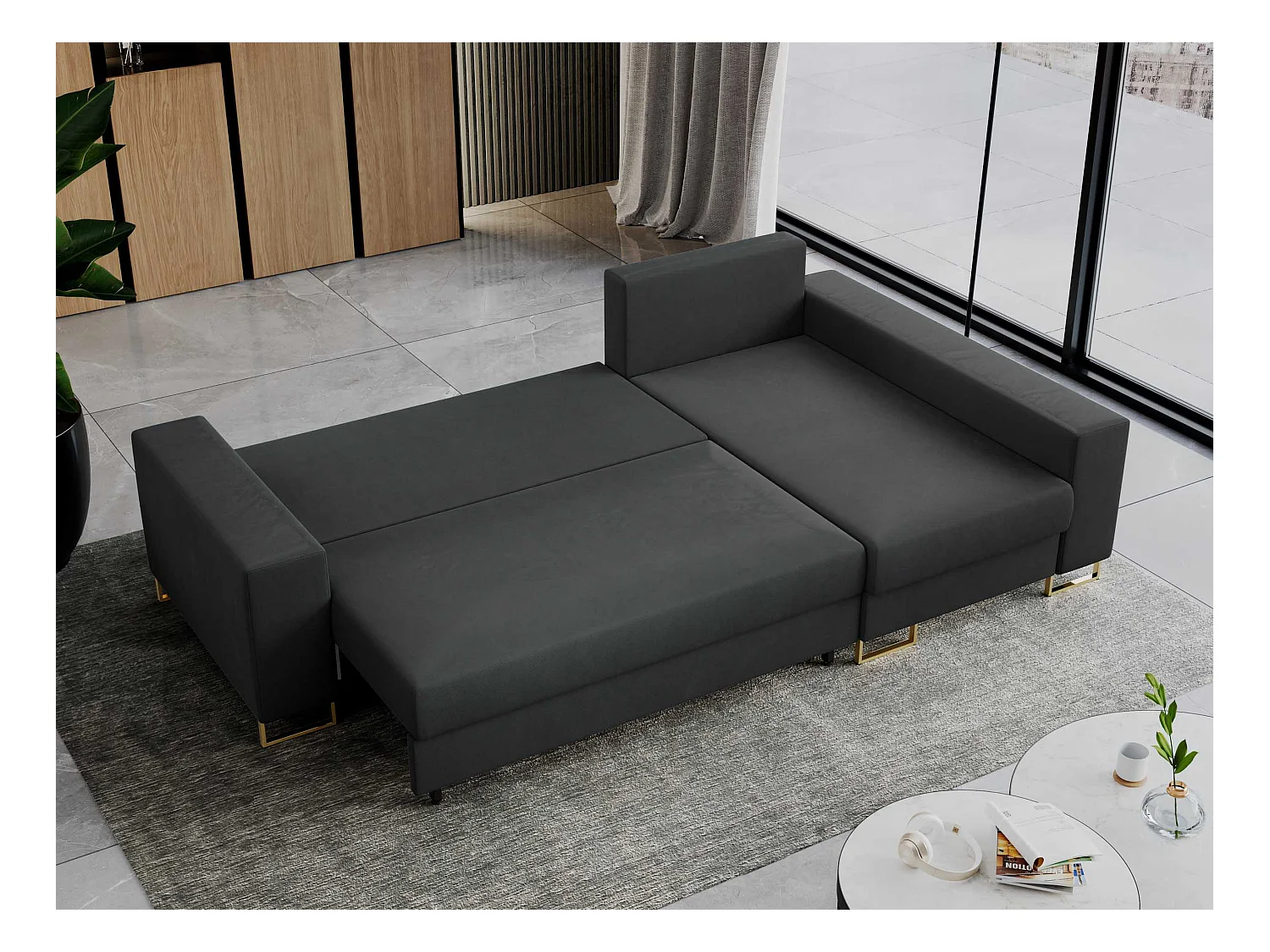 Ecksofa DORIAN - schlaffunktion und Bettkasten, lose Kissen - Dunkelgrau Velvet