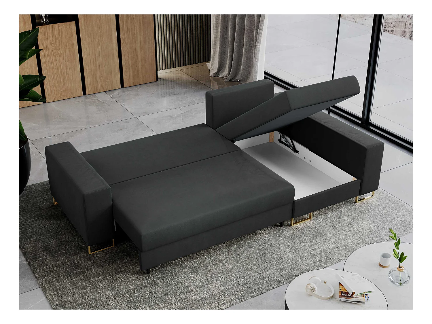 Ecksofa DORIAN - schlaffunktion und Bettkasten, lose Kissen - Dunkelgrau Velvet