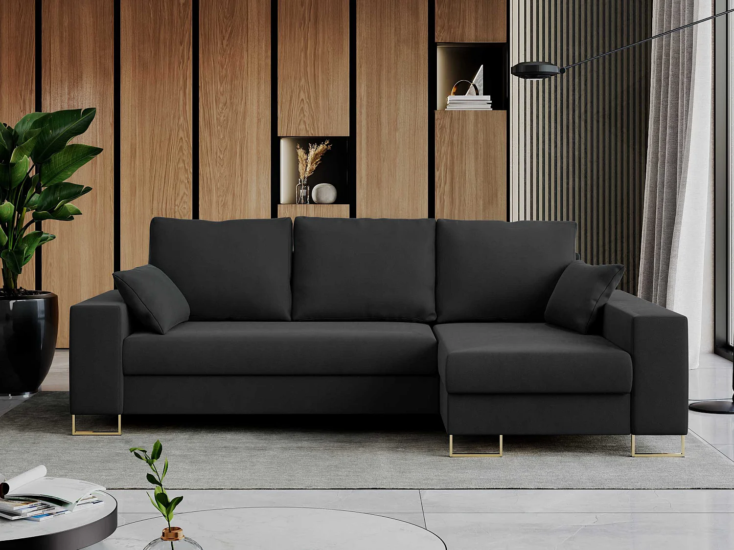 Ecksofa DORIAN - schlaffunktion und Bettkasten, lose Kissen - Dunkelgrau Velvet