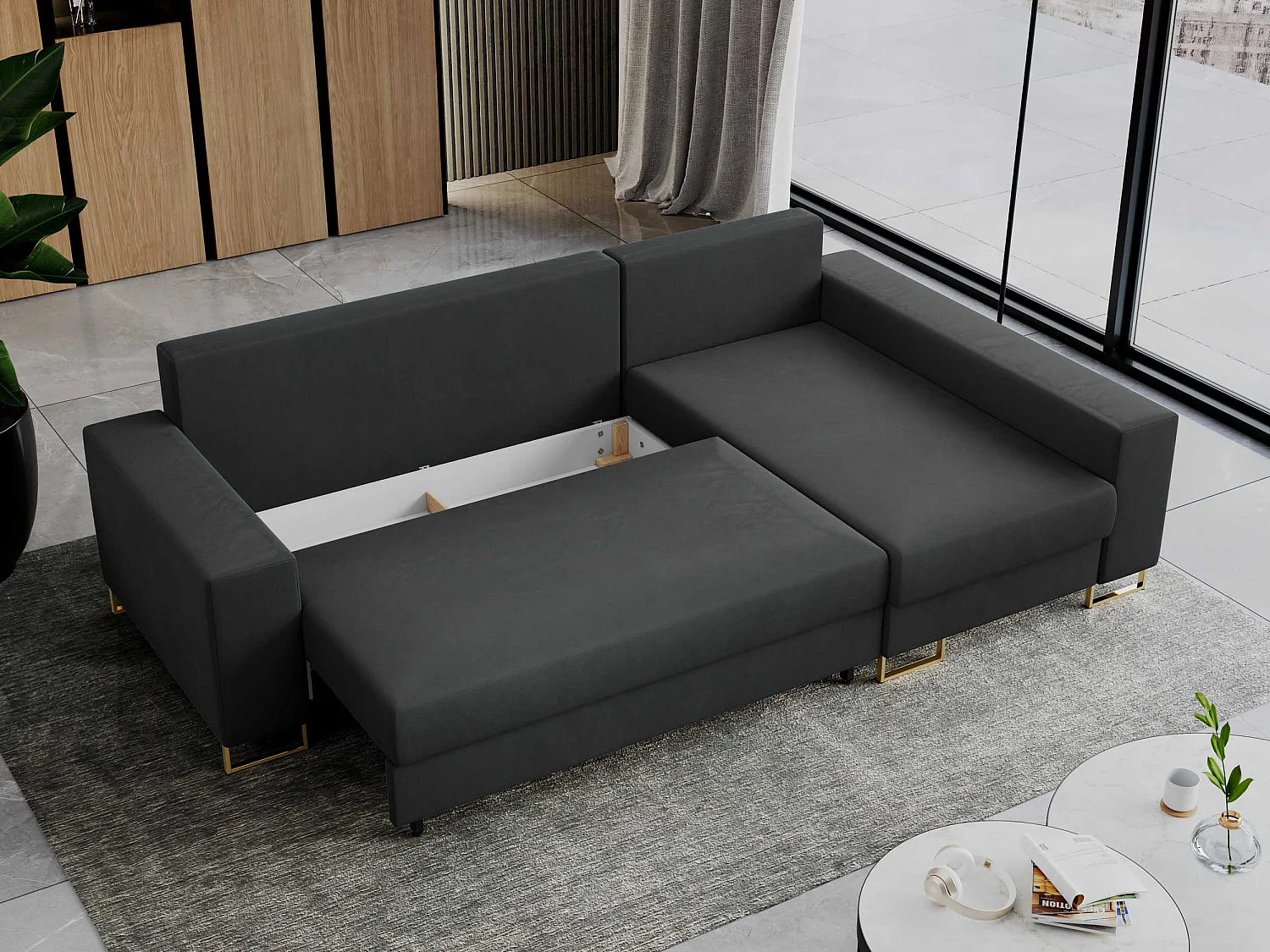 Ecksofa DORIAN - schlaffunktion und Bettkasten, lose Kissen - Dunkelgrau Velvet