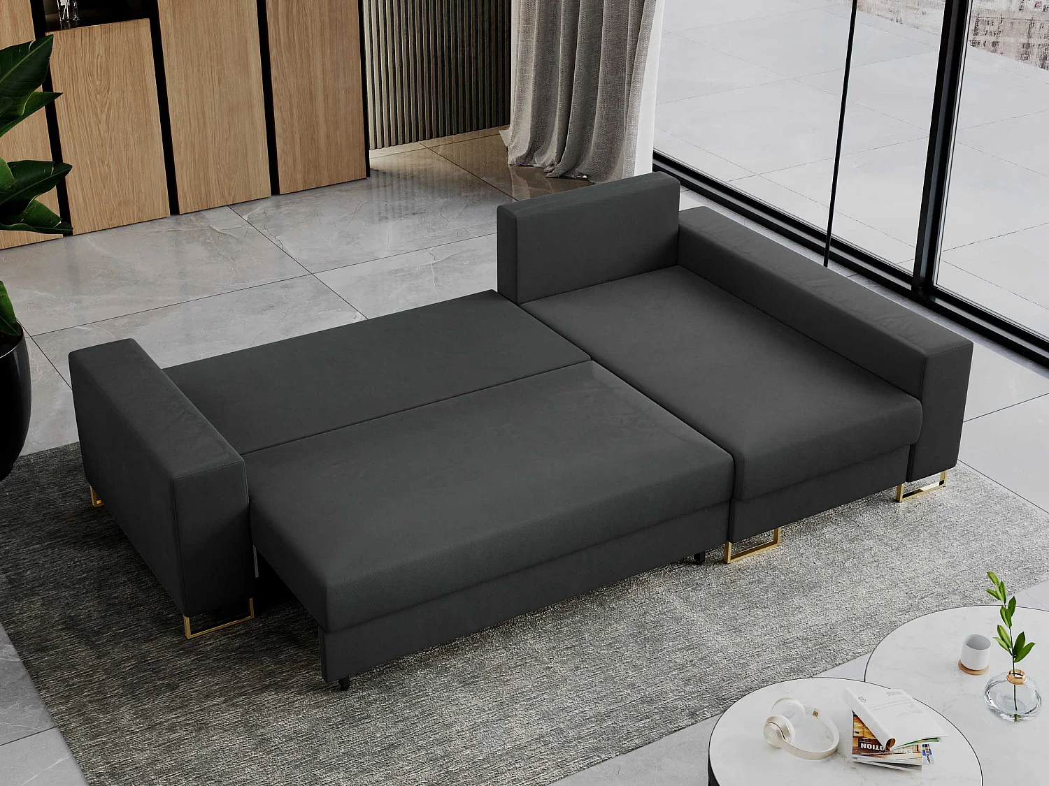 Ecksofa DORIAN - schlaffunktion und Bettkasten, lose Kissen - Dunkelgrau Velvet