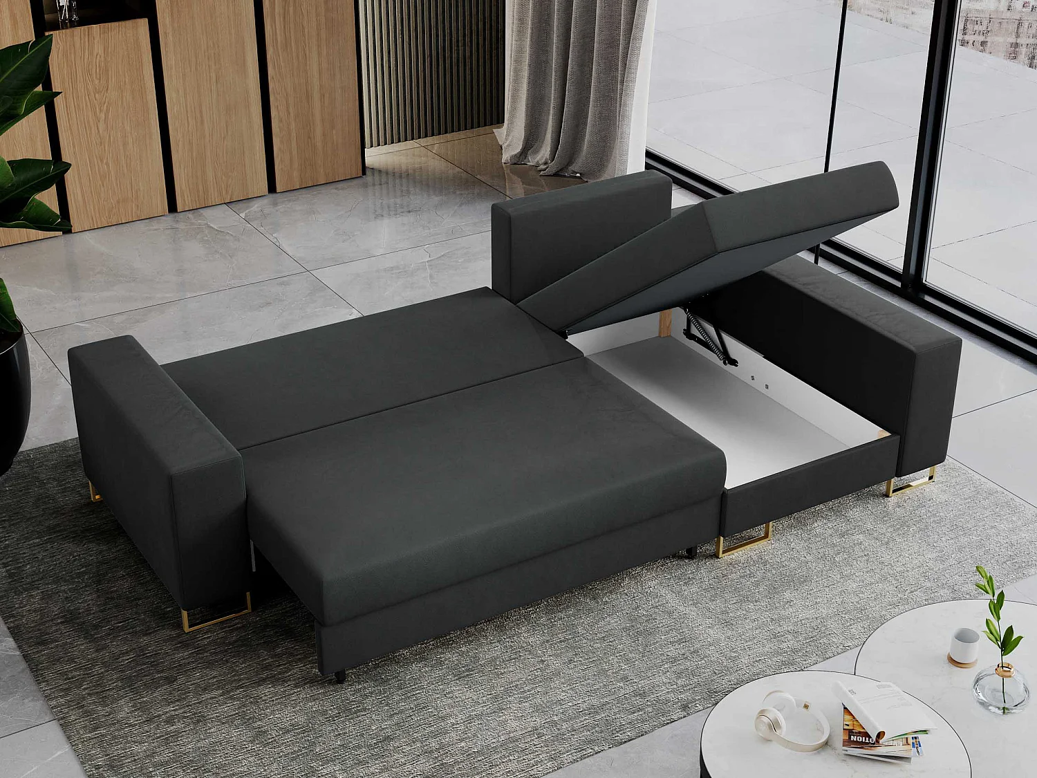 Ecksofa DORIAN - schlaffunktion und Bettkasten, lose Kissen - Dunkelgrau Velvet