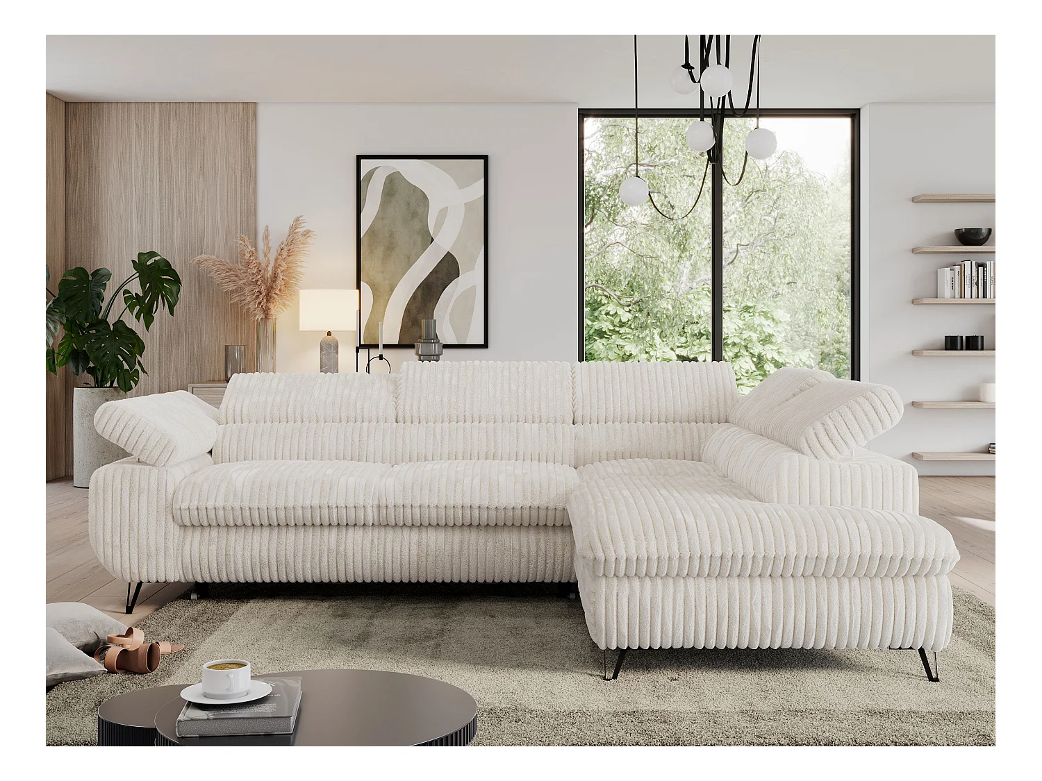 Ecksofa PEDRO - L-Form mit Schlaffunktion 200x125 cm, verstellbaren Kopfstützen - Beige Cord - Ecke Rechts