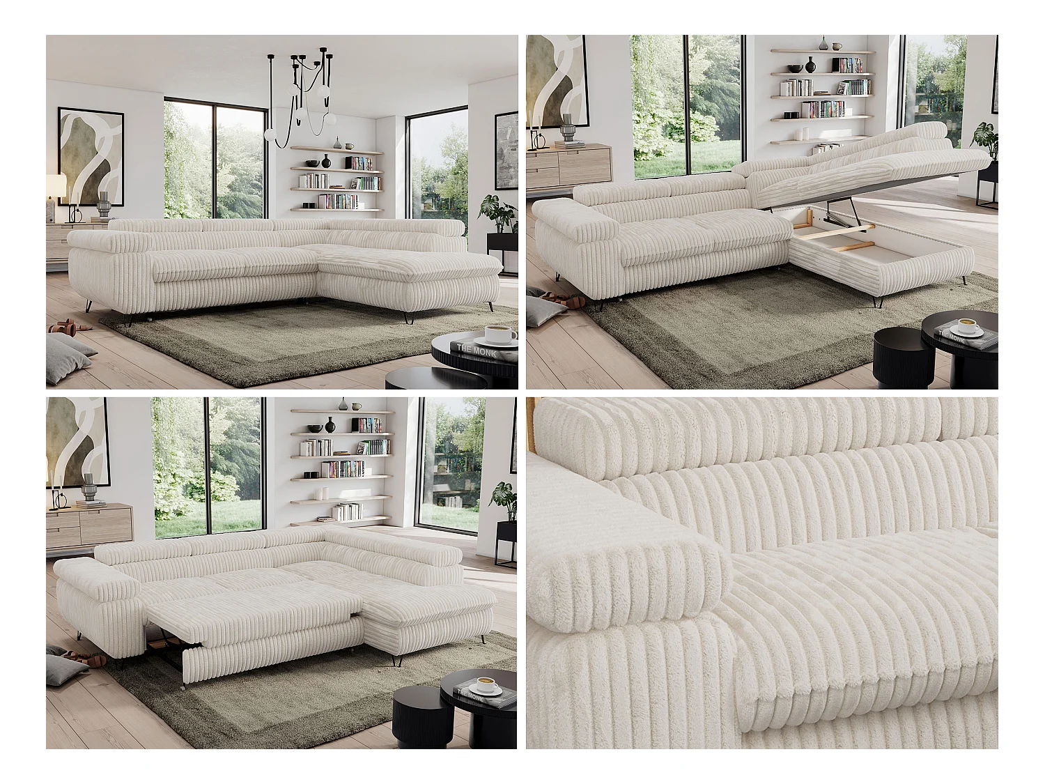 Ecksofa PEDRO - L-Form mit Schlaffunktion 200x125 cm, verstellbaren Kopfstützen - Beige Cord - Ecke Rechts