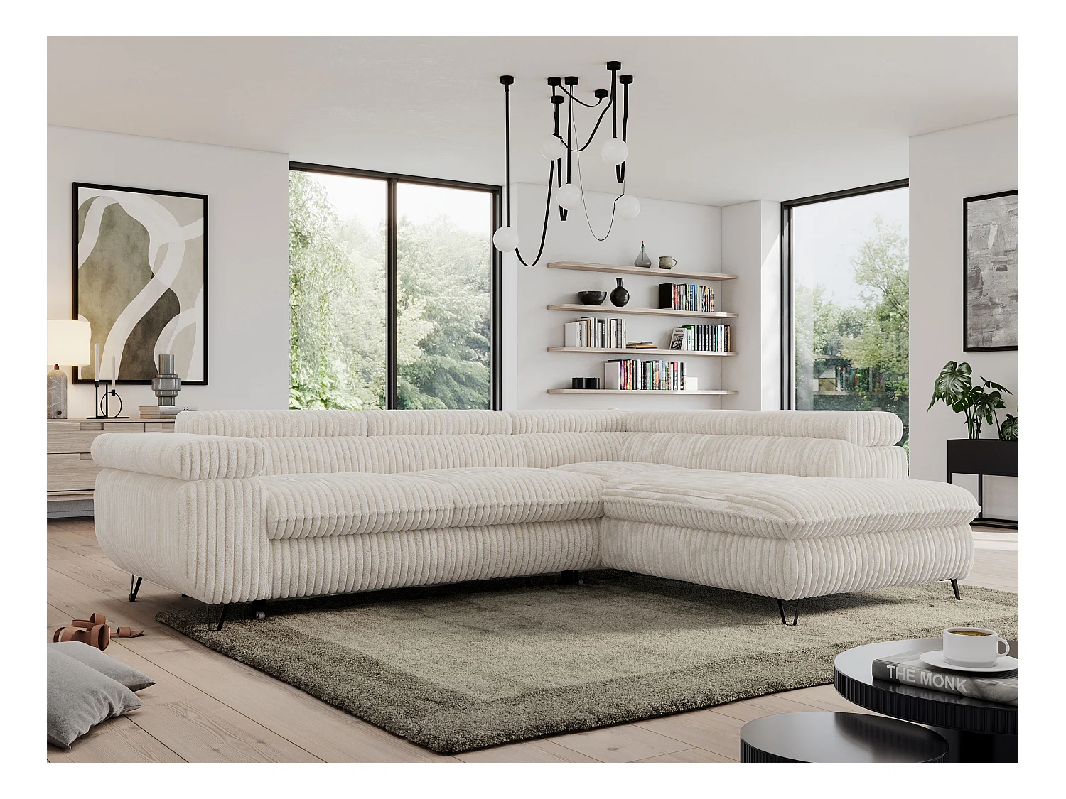 Ecksofa PEDRO - L-Form mit Schlaffunktion 200x125 cm, verstellbaren Kopfstützen - Beige Cord - Ecke Rechts