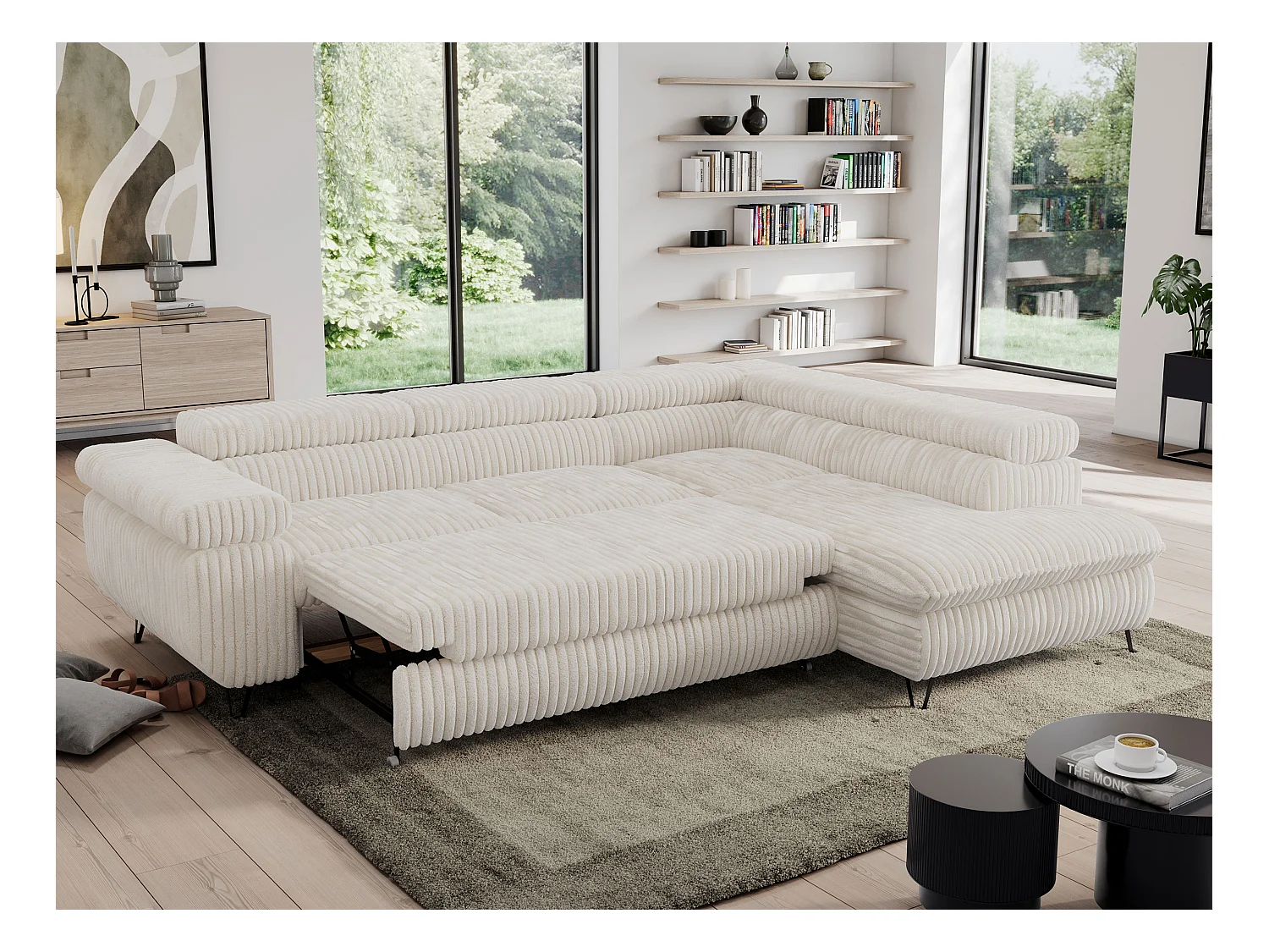 Ecksofa PEDRO - L-Form mit Schlaffunktion 200x125 cm, verstellbaren Kopfstützen - Beige Cord - Ecke Rechts