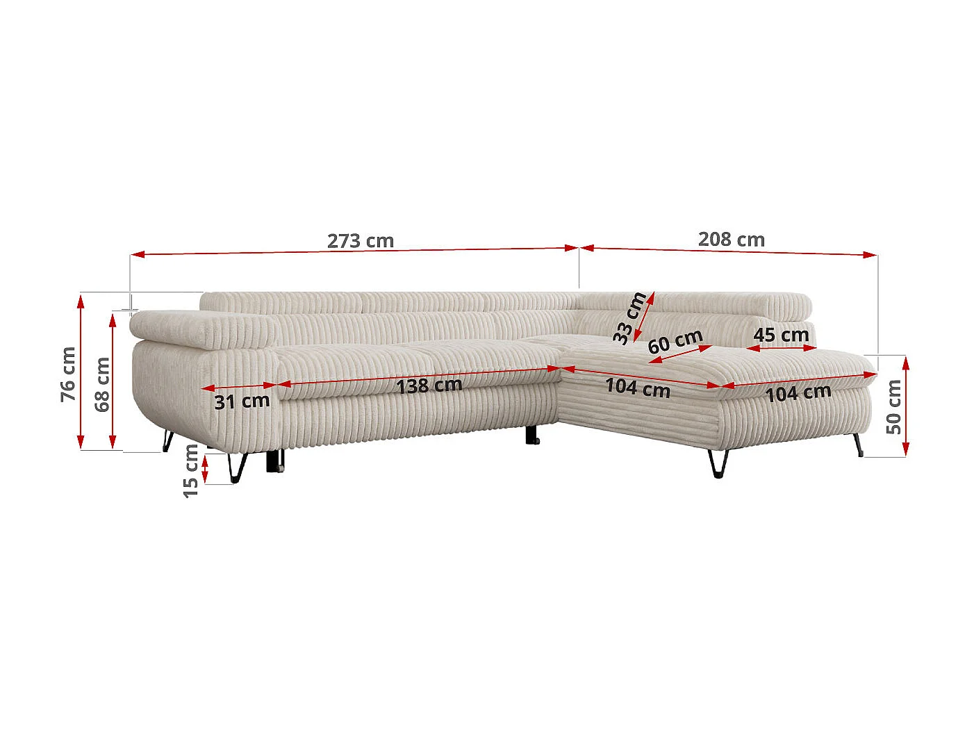 Ecksofa PEDRO - L-Form mit Schlaffunktion 200x125 cm, verstellbaren Kopfstützen - Beige Cord - Ecke Rechts