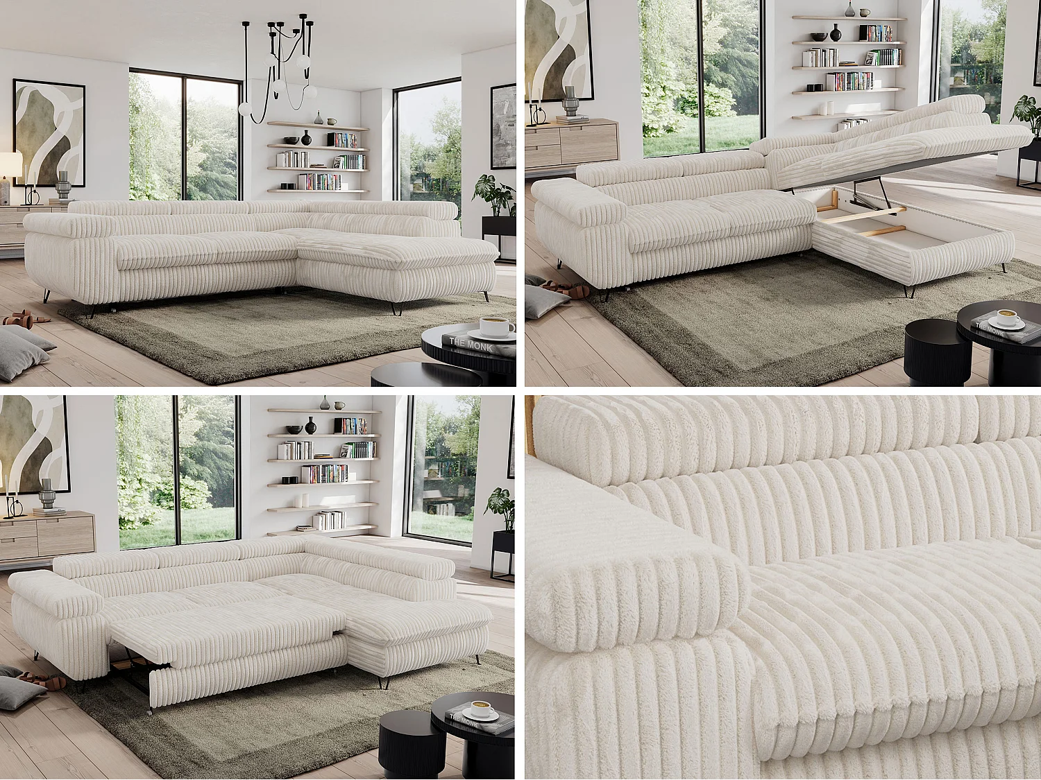 Ecksofa PEDRO - L-Form mit Schlaffunktion 200x125 cm, verstellbaren Kopfstützen - Beige Cord - Ecke Rechts