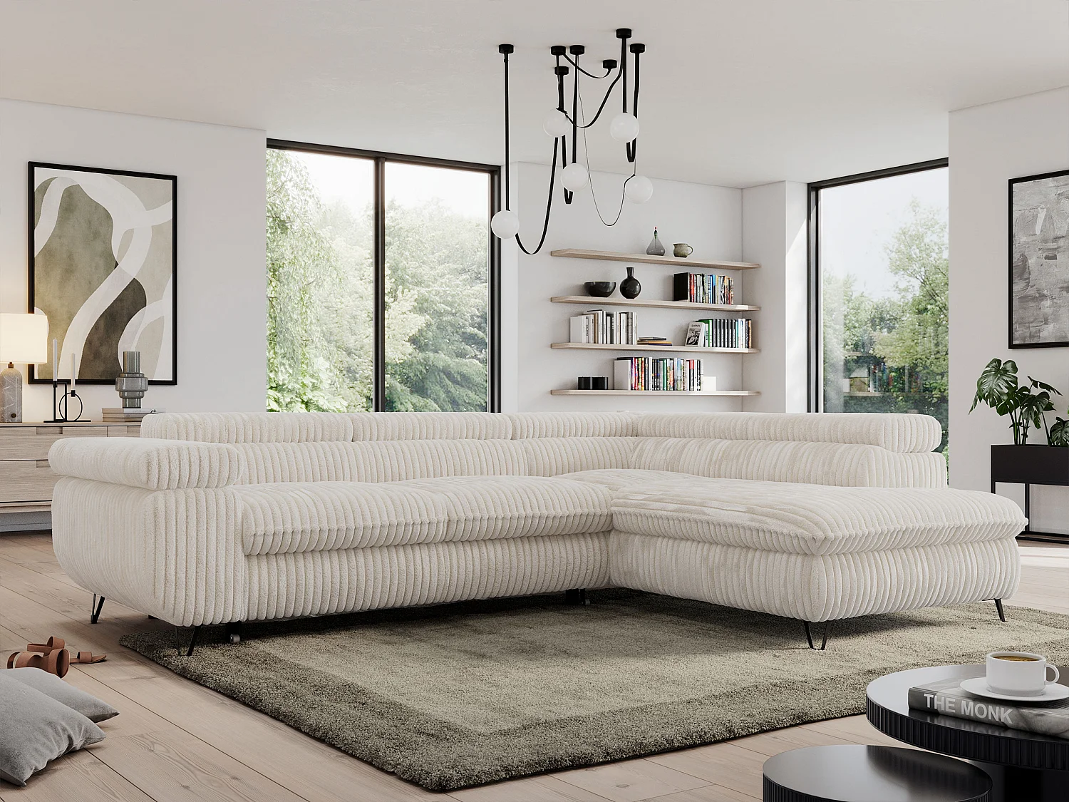 Ecksofa PEDRO - L-Form mit Schlaffunktion 200x125 cm, verstellbaren Kopfstützen - Beige Cord - Ecke Rechts