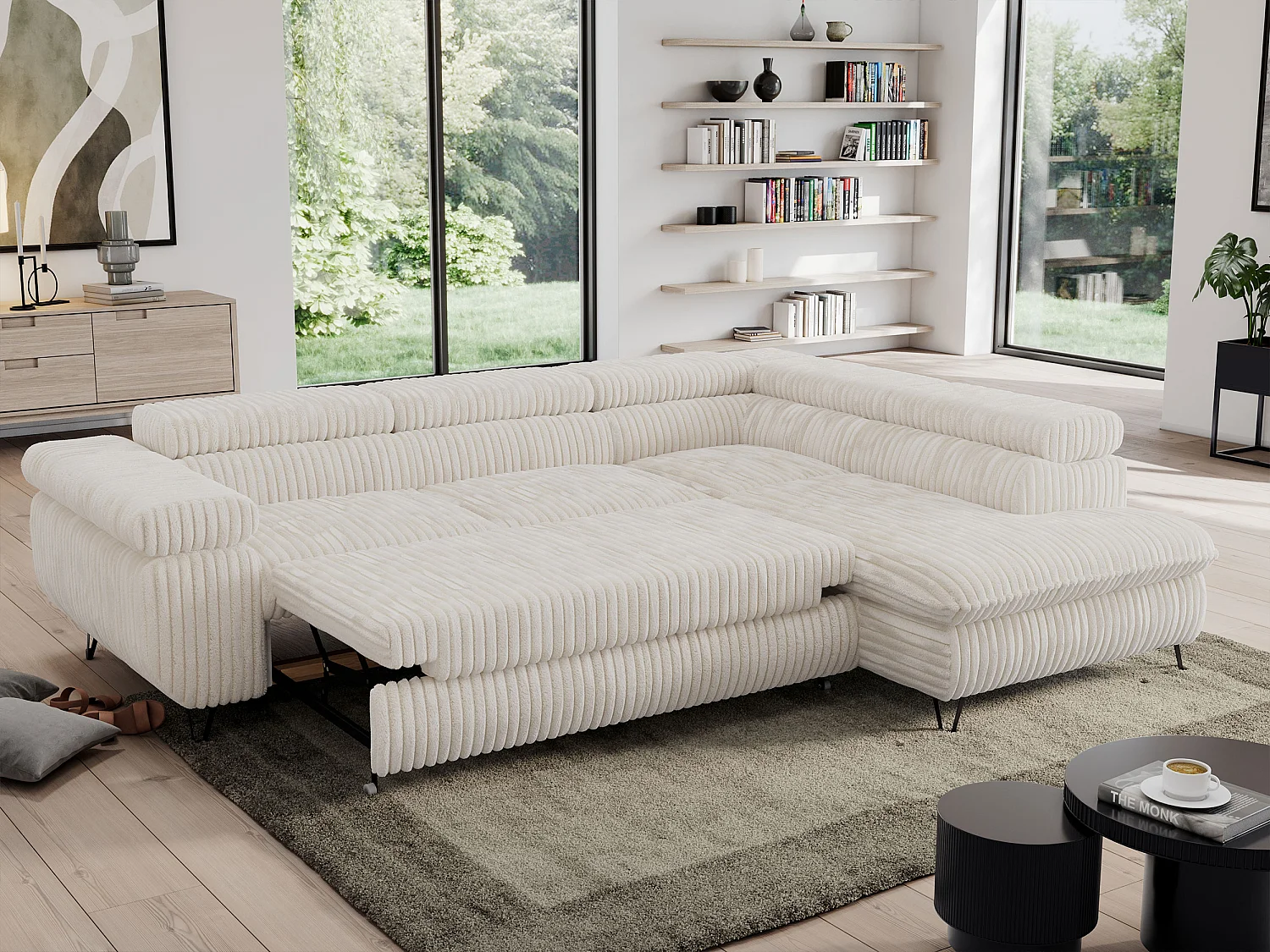 Ecksofa PEDRO - L-Form mit Schlaffunktion 200x125 cm, verstellbaren Kopfstützen - Beige Cord - Ecke Rechts