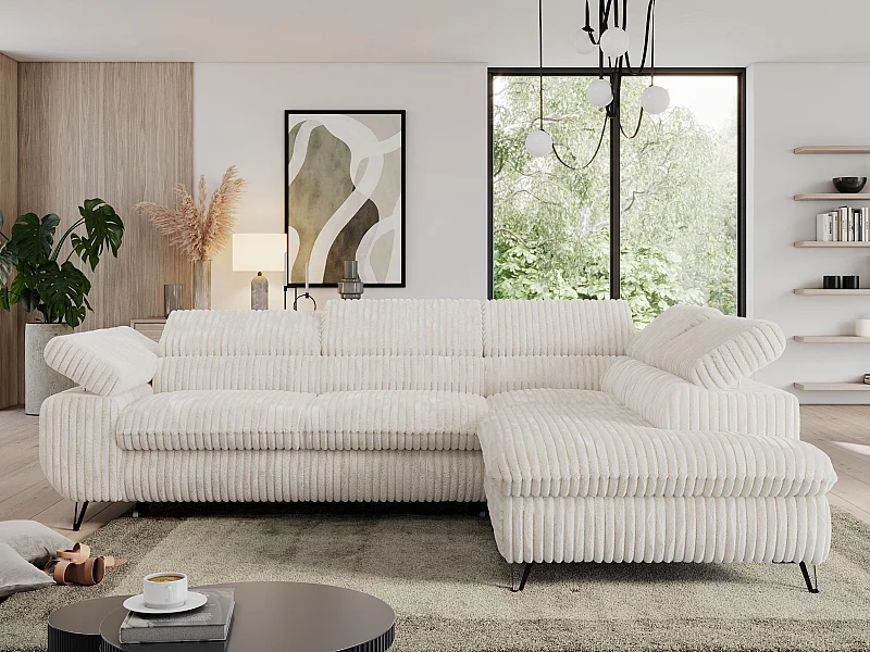 Ecksofa PEDRO - L-Form mit Schlaffunktion 200x125 cm, verstellbaren Kopfstützen - Beige Cord - Ecke Rechts