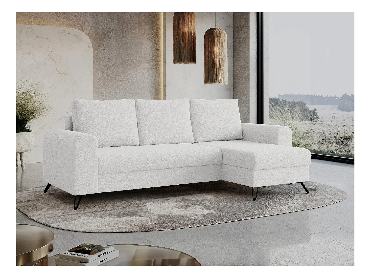 Ecksofa HUGO - L-Form mit Schlaffunktion, lose Kissen - Weiß Boucle