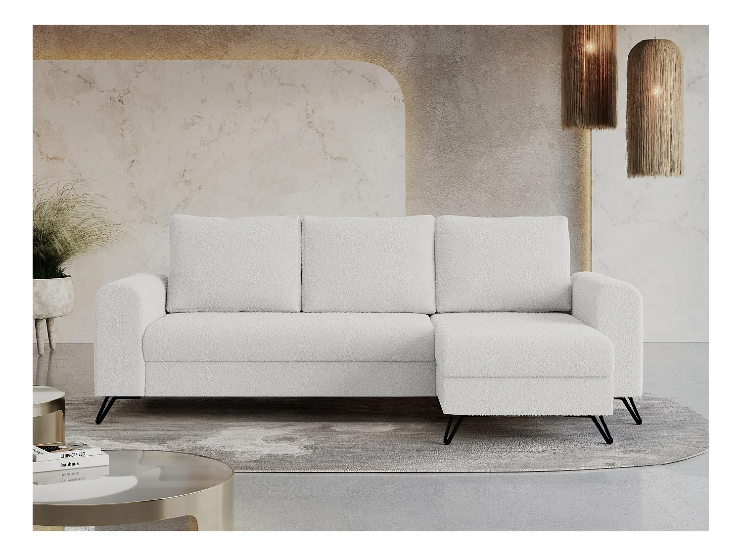 Ecksofa HUGO - L-Form mit Schlaffunktion, lose Kissen - Weiß Boucle