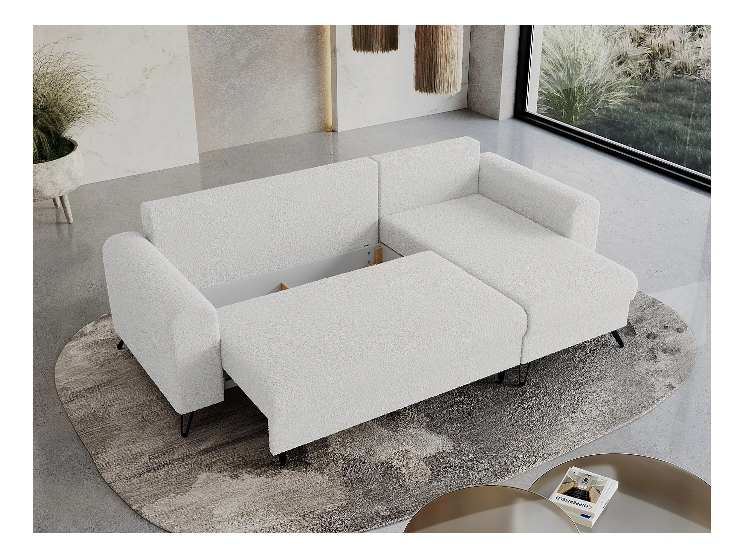 Ecksofa HUGO - L-Form mit Schlaffunktion, lose Kissen - Weiß Boucle